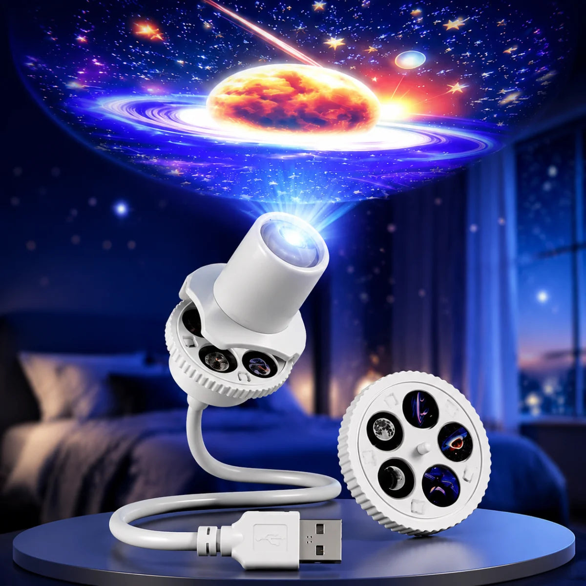 Proyector de luz nocturna giratoria 360° con estrellas y luna USB